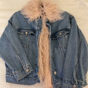 Bershka Pink Shearling Lined Denim Coat